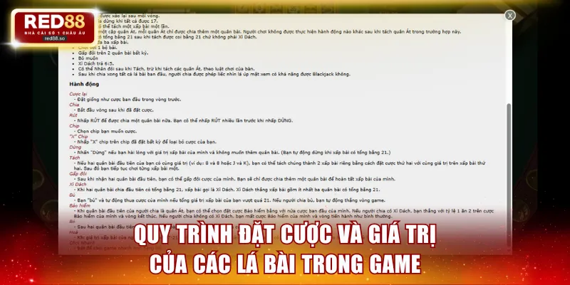 Quy trình đặt cược và giá trị của các lá bài trong game